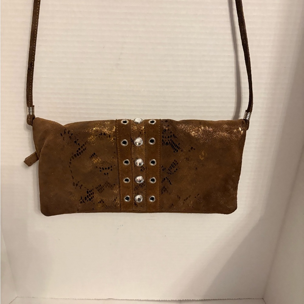 Pietro Alessandro brown suede rhinestone studded shoulder bag or clutch